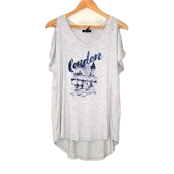 MAX JEANS Gray Blue Embellished London Cold Shoulder T-Shirt size Medium - Picture 1 of 16